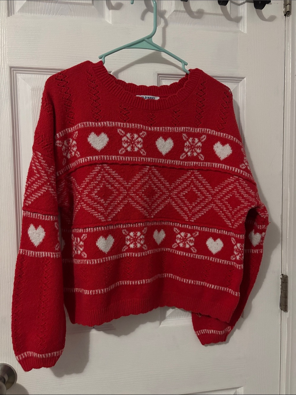 Old Navy Red Fair Isle Heart Crewneck Sweater